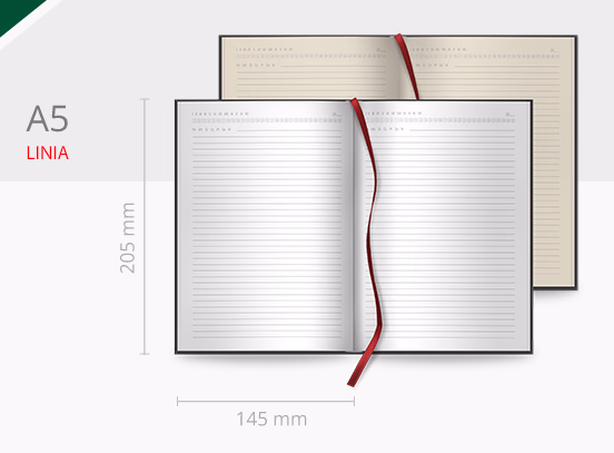 Otwarty reklamowy notes A5 w linię z czerwoną tasiemką o wymiarach 145 x 205 mm