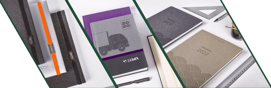 Firmowe kalendarze książkowe i notesy w produkcji z kolorowym paskiem oraz tłoczoną grafiką ciężarówki na okładce